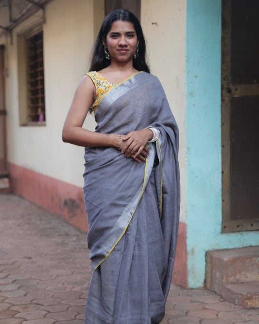 Smoke Handloom Linen Saree