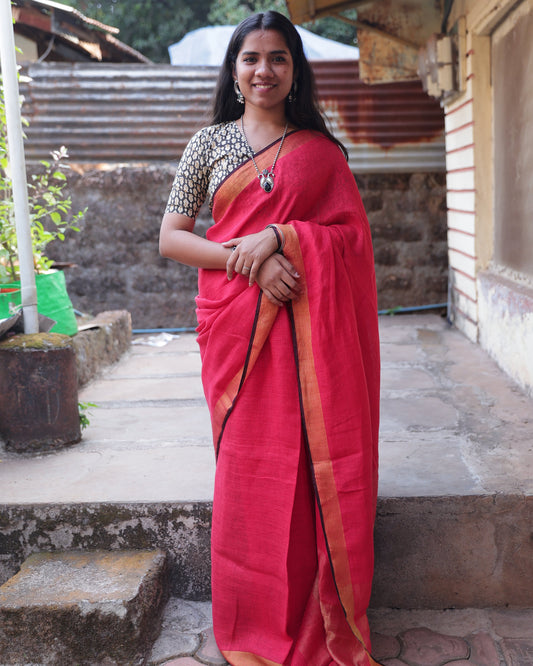 Candy Apple Red Handloom Linen Saree