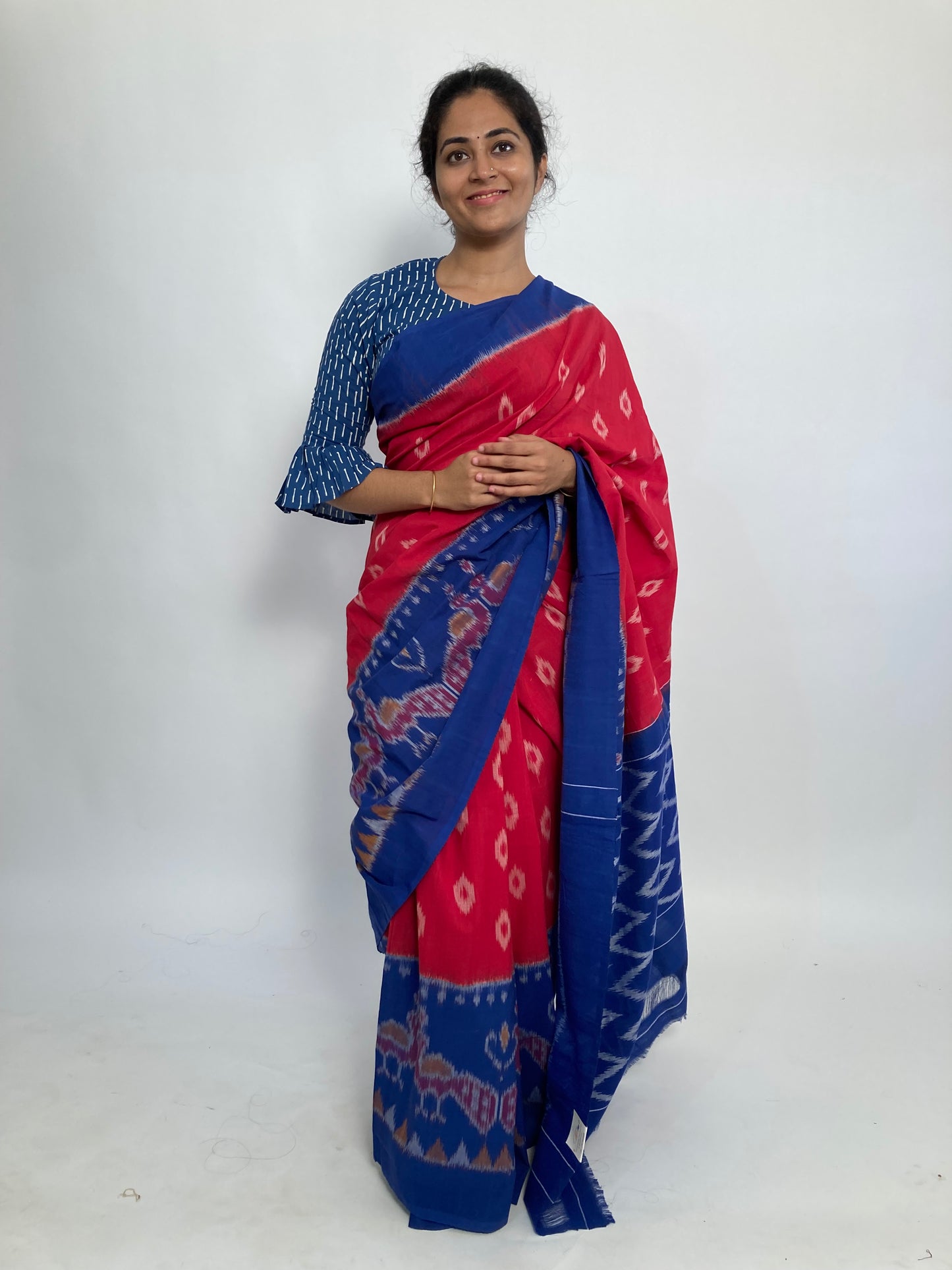 Red Blue Pochampally Ikkat Saree