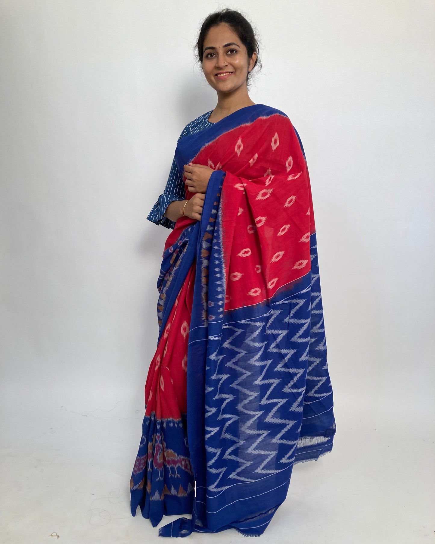 Red Blue Pochampally Ikkat Saree