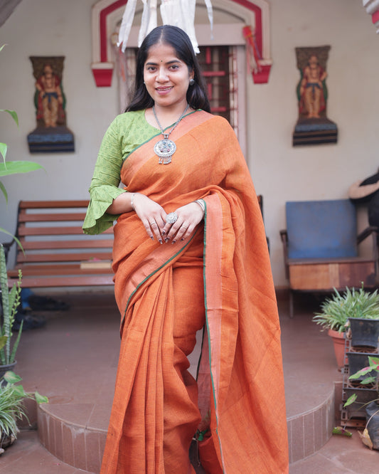 Canadian Copper Handloom Linen Saree