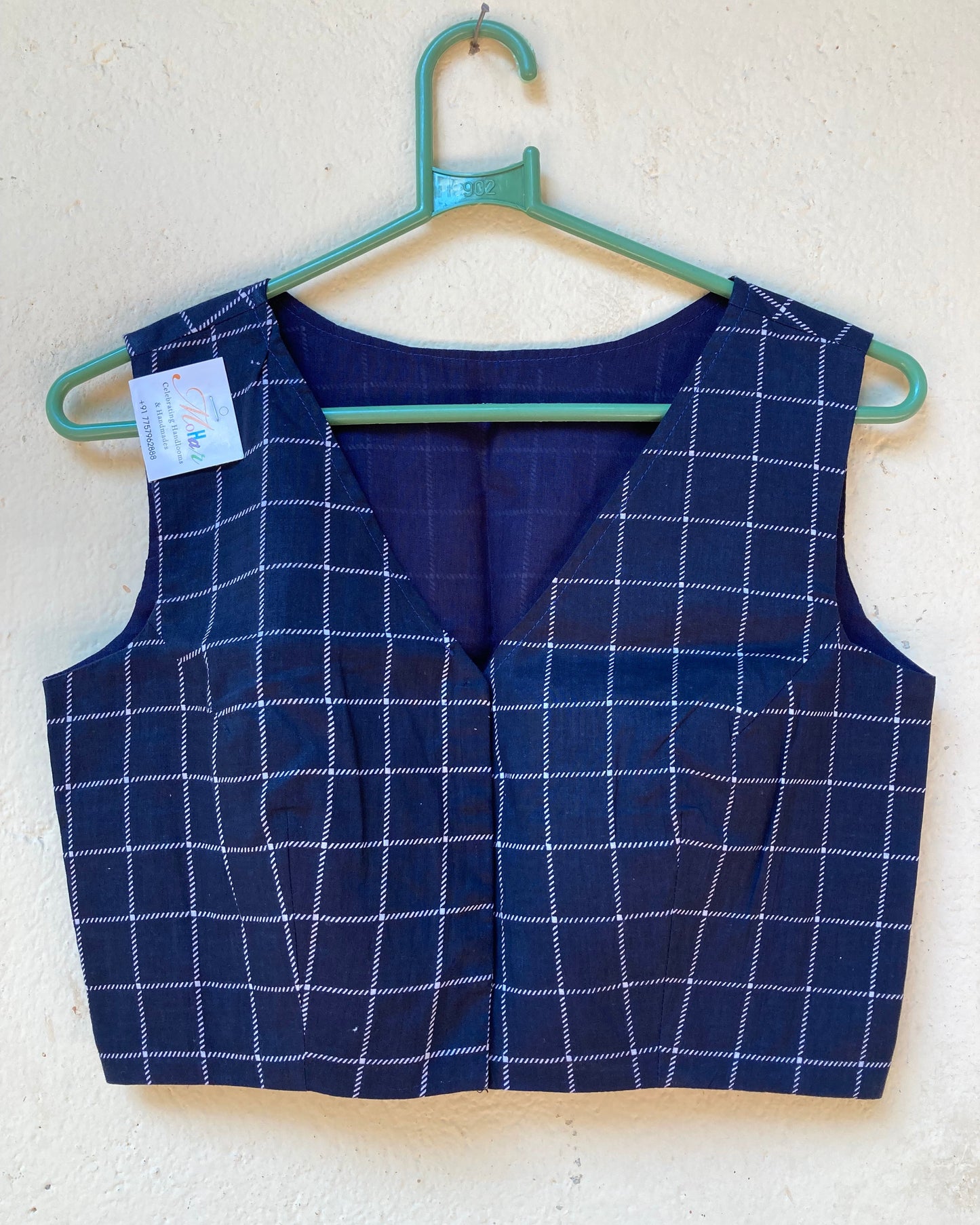 Navy Blue Block Printed Cotton Blouse