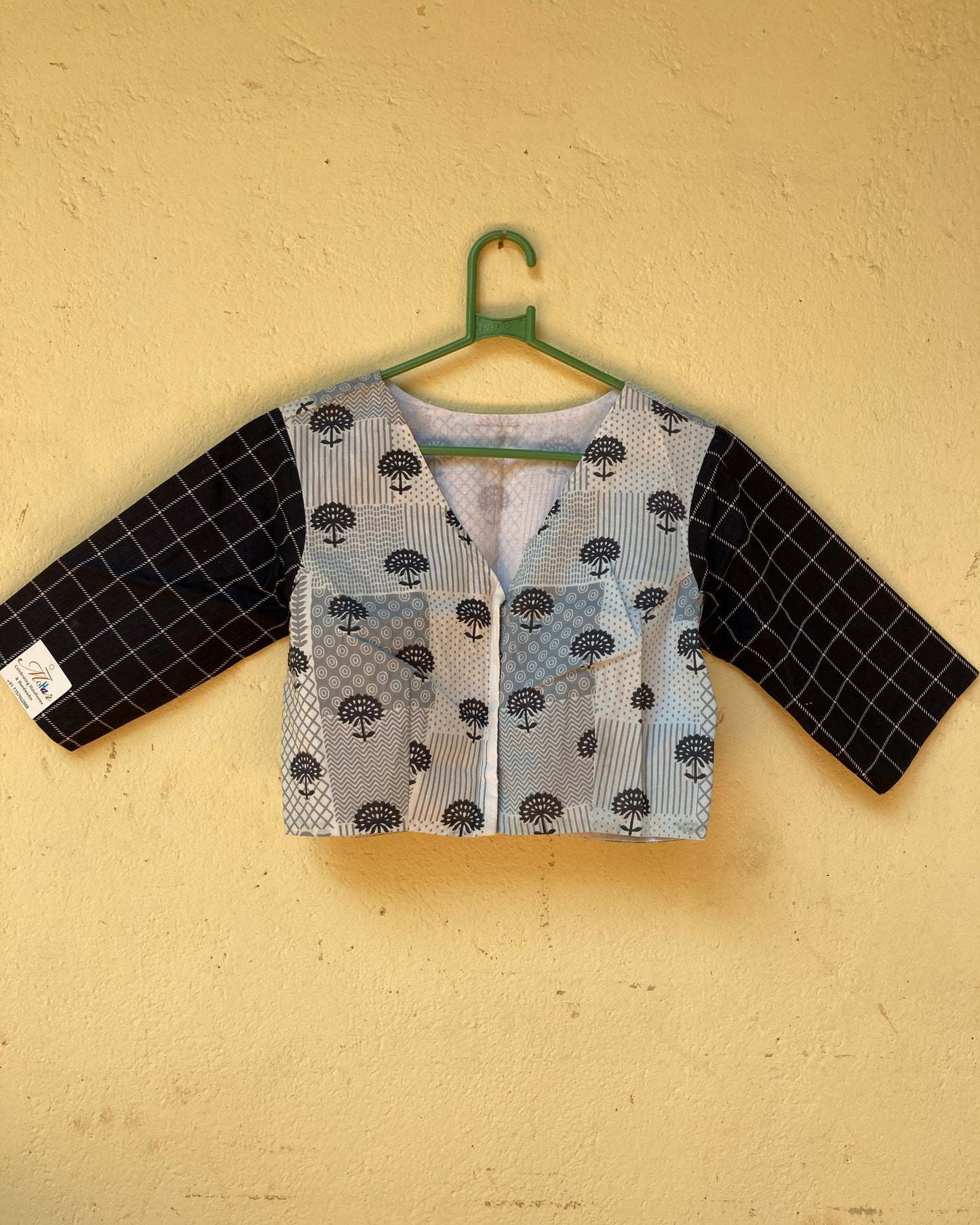 Cream And Neavy Blue Block Printed Cotton Blouse