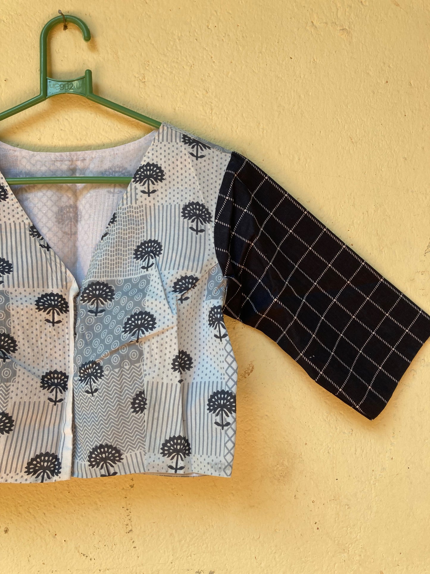 Cream And Neavy Blue Block Printed Cotton Blouse