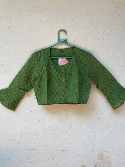 Hunter Green Handblock Printed Cotton Blouse
