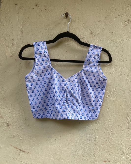 White And Blue Block Printed Cotton Blouse