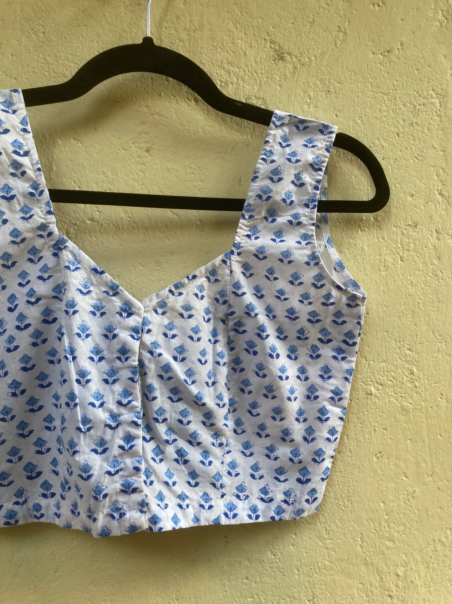 White And Blue Block Printed Cotton Blouse