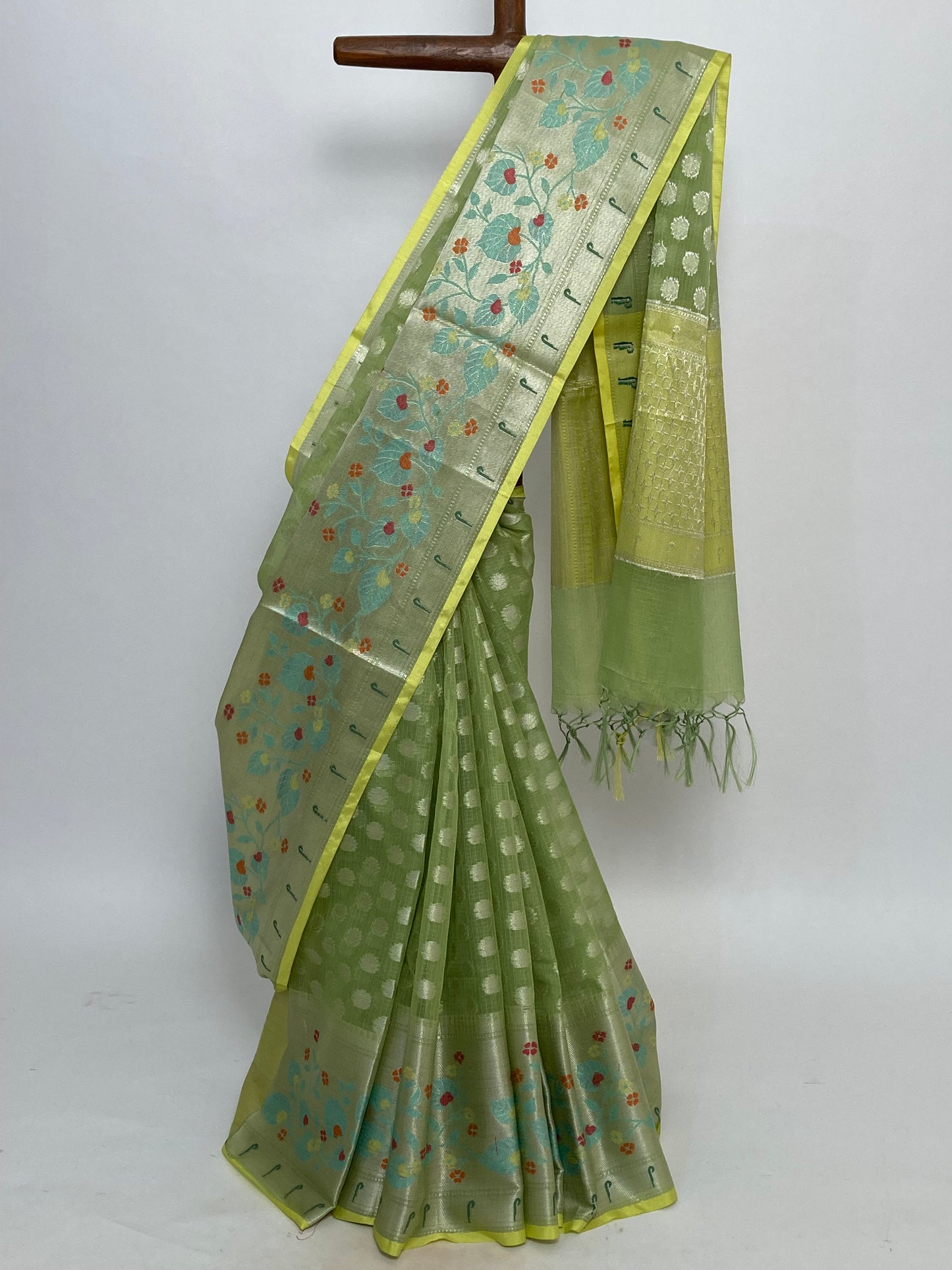 Lime Zari Kota Doria Saree