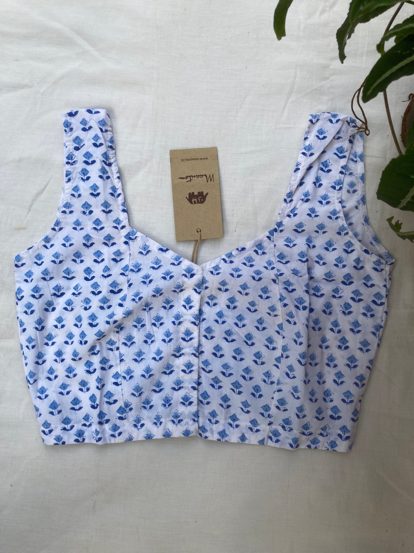 White And Blue Block Printed Cotton Blouse