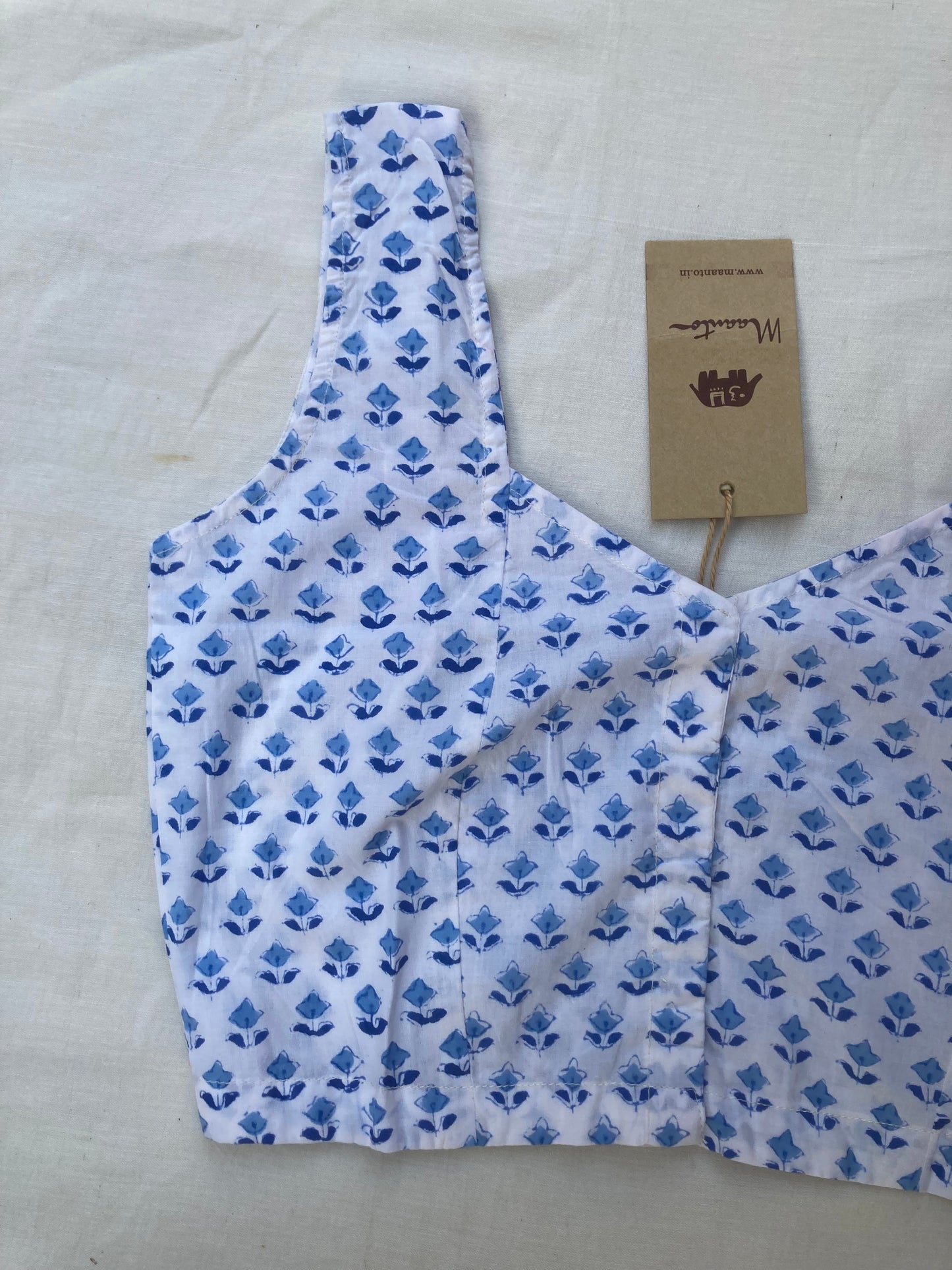 White And Blue Block Printed Cotton Blouse