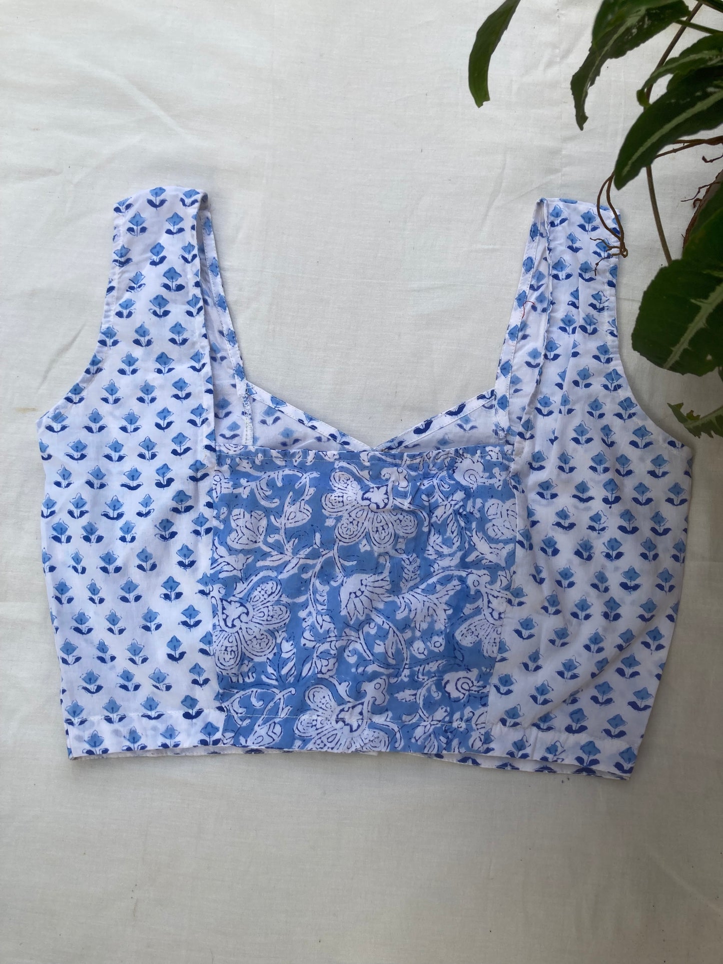 White And Blue Block Printed Cotton Blouse