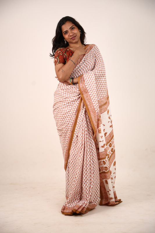 Tawny Block Printed Cotton Saree