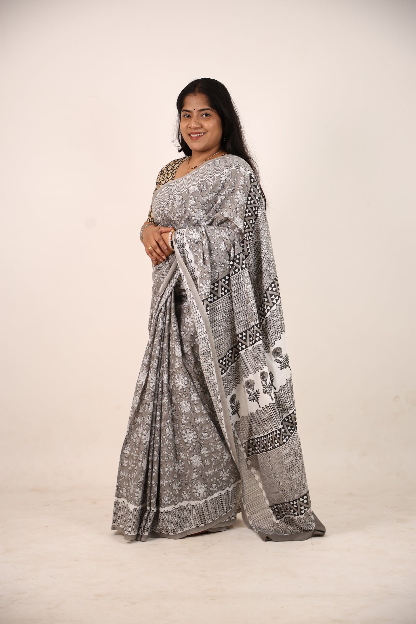 Cloud Block Printed Cotton Saree
