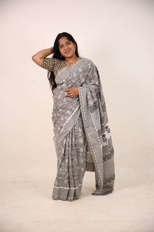 Cloud Block Printed Cotton Saree