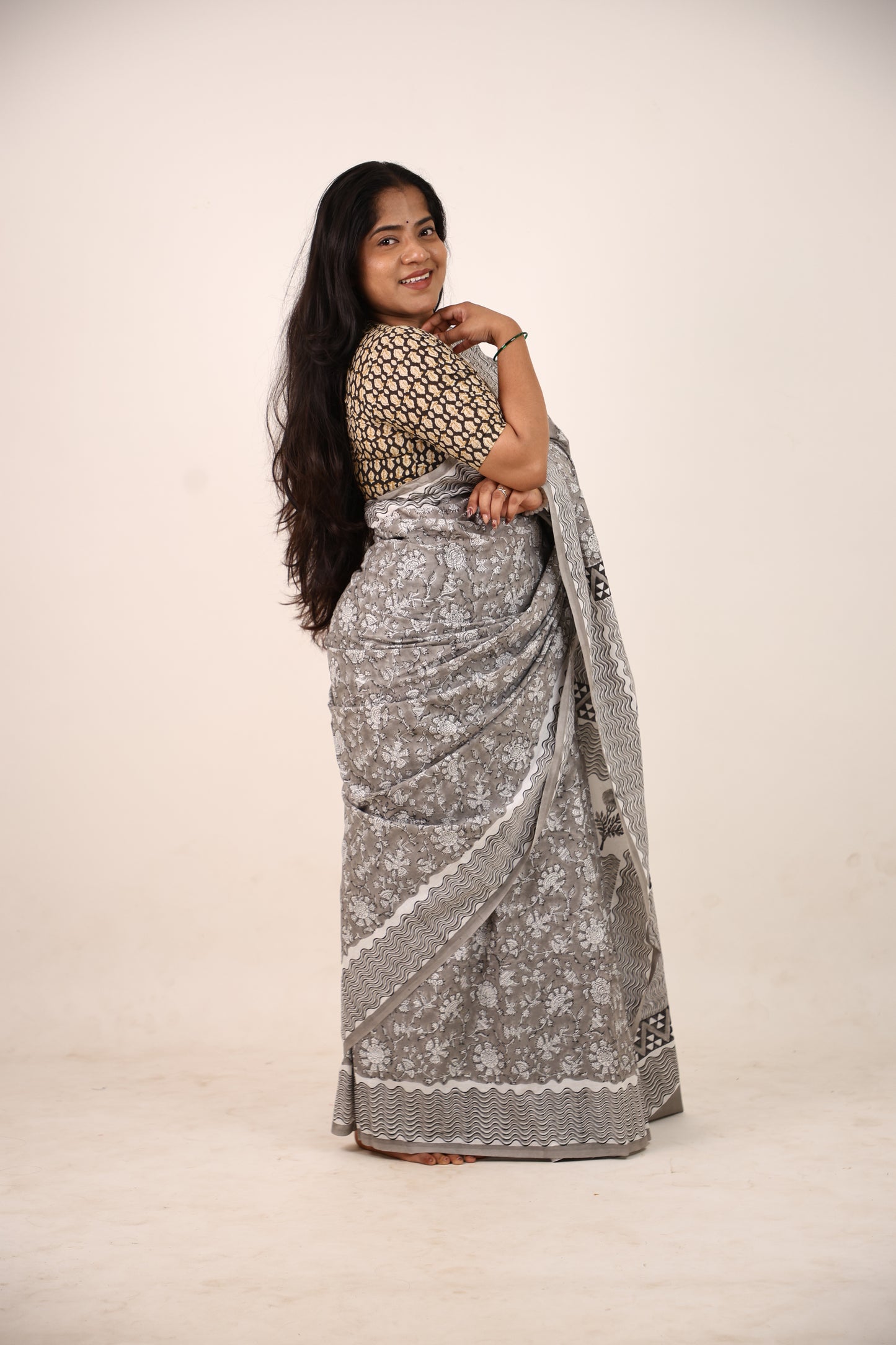 Cloud Block Printed Cotton Saree