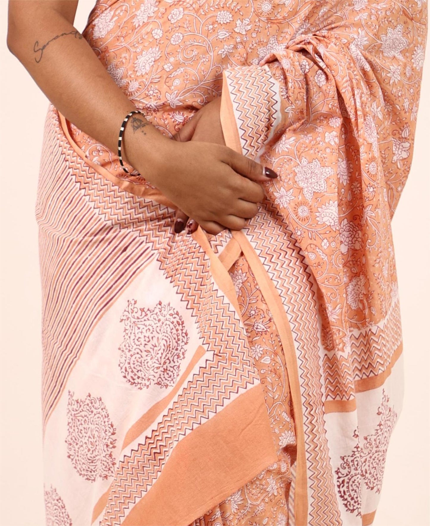Peach Orange Block Printed Cotton Saree