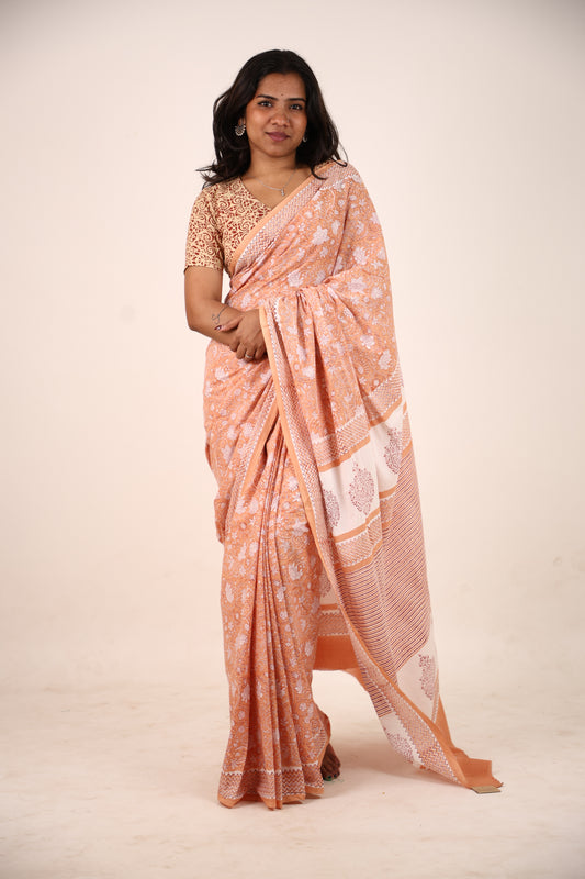 Peach Orange Block Printed Cotton Saree