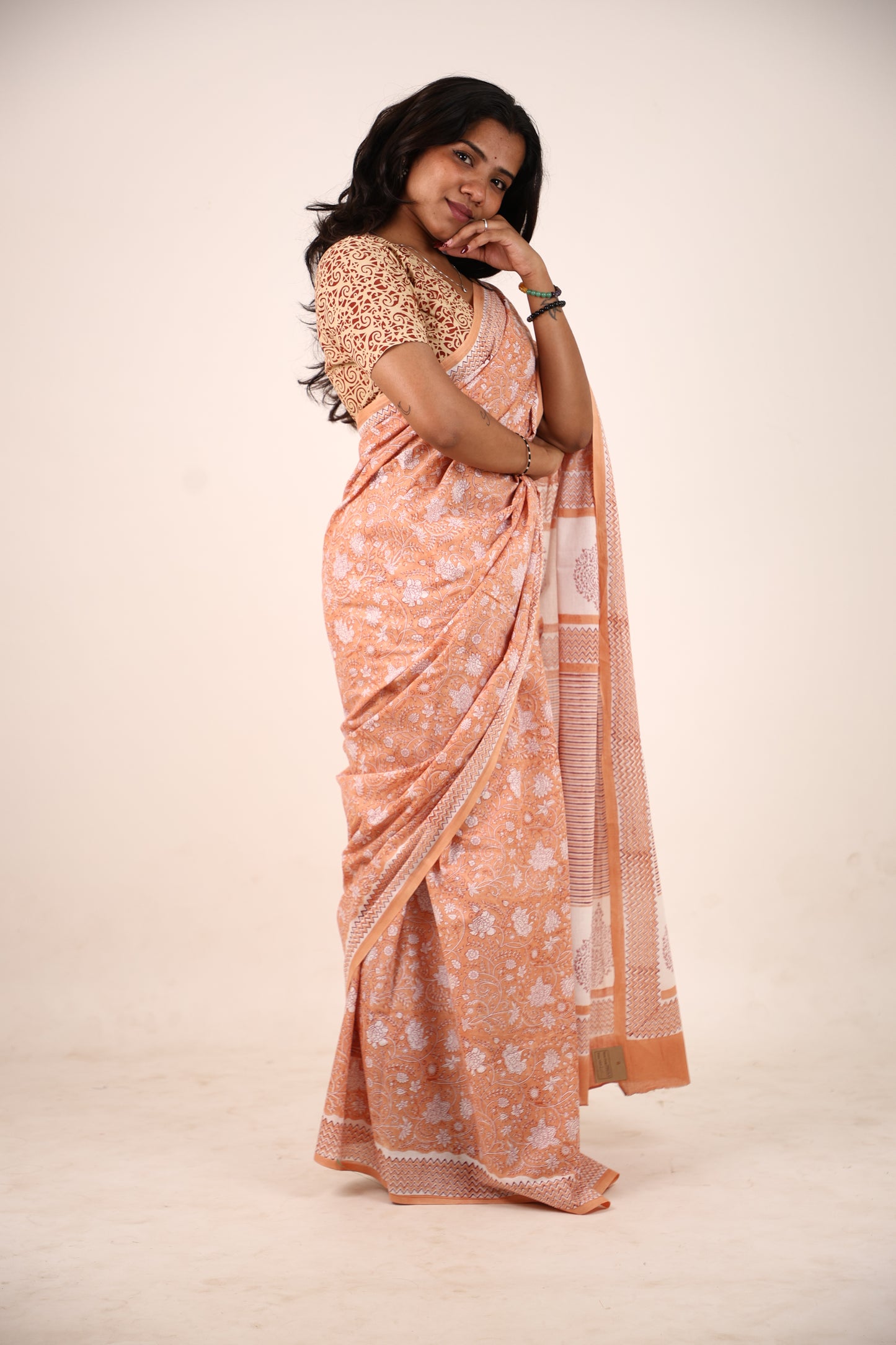 Peach Orange Block Printed Cotton Saree