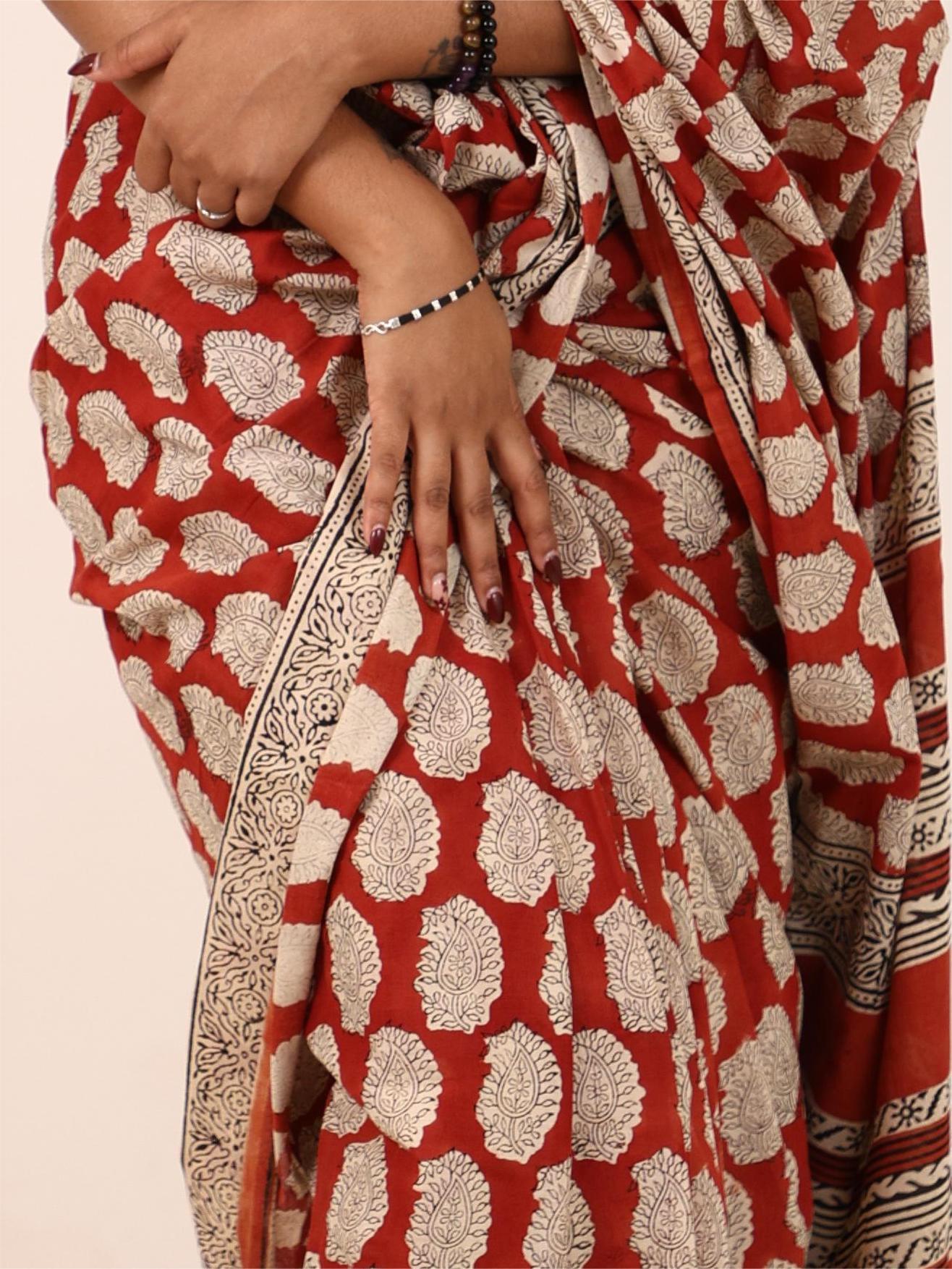 Maroon Block Printed Cotton Saree