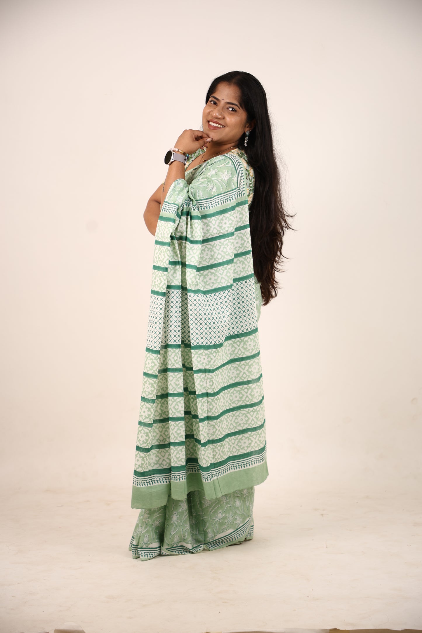 Pastel Green Block Printed Cotton Saree