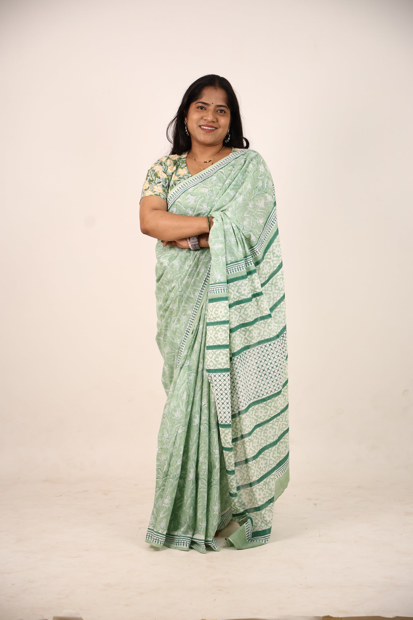 Pastel Green Block Printed Cotton Saree