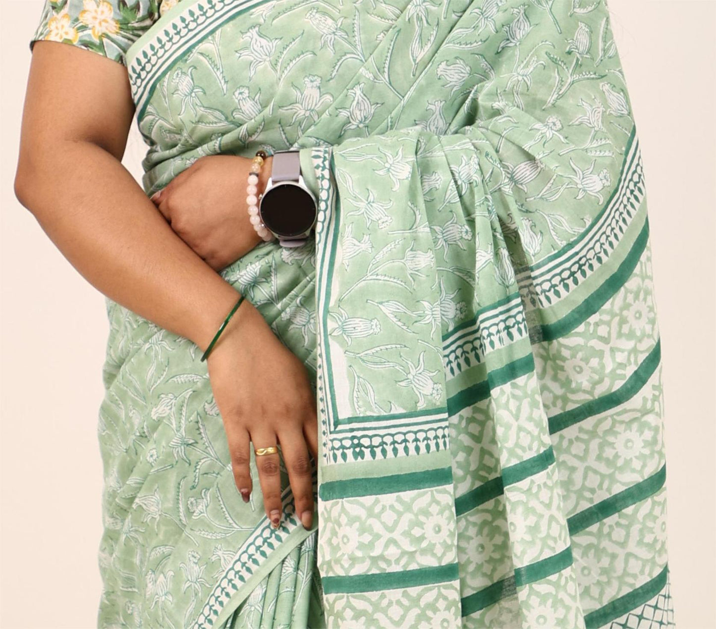 Pastel Green Block Printed Cotton Saree