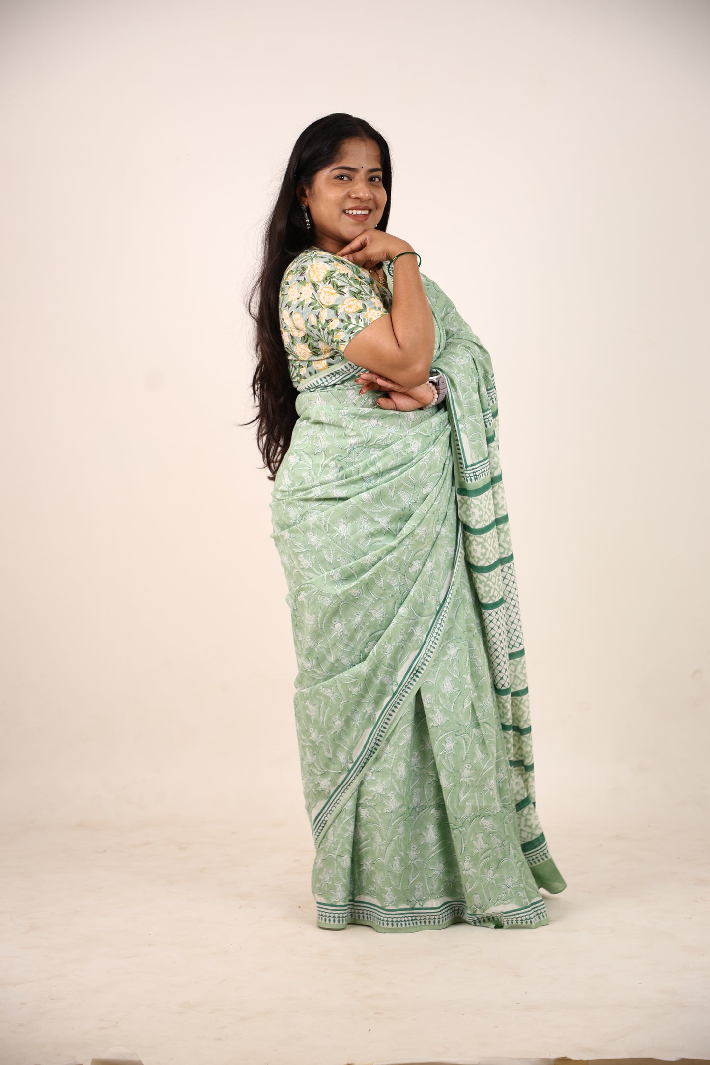 Pastel Green Block Printed Cotton Saree