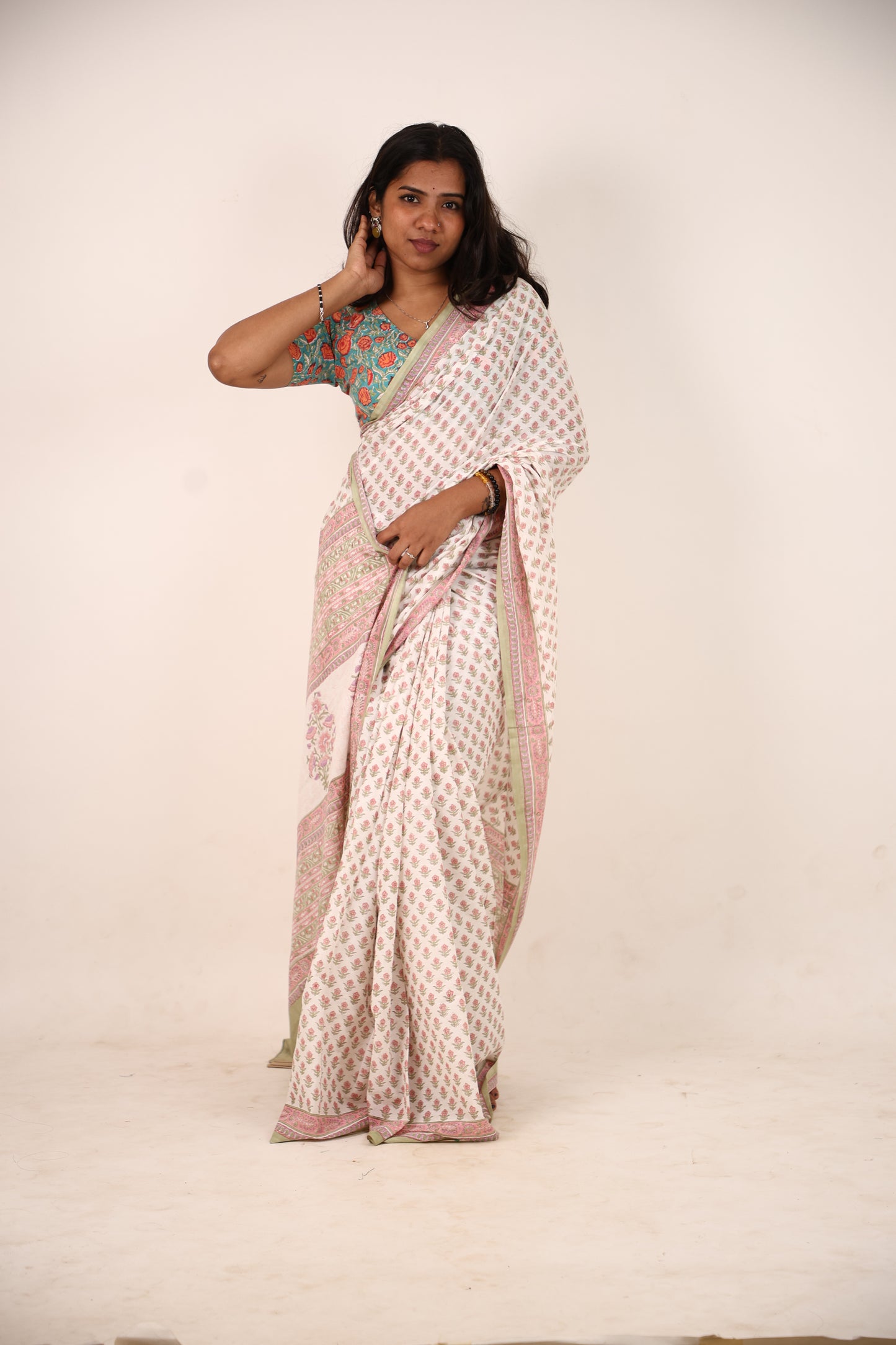 White And Green Block Printed Cotton Saree