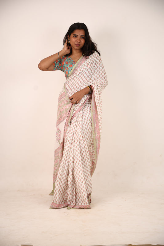 White And Green Block Printed Cotton Saree