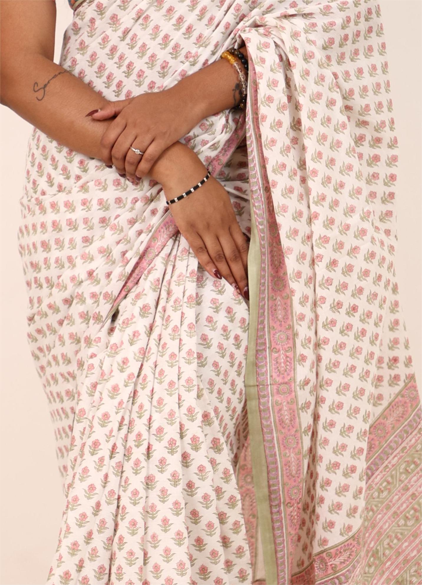 White And Green Block Printed Cotton Saree