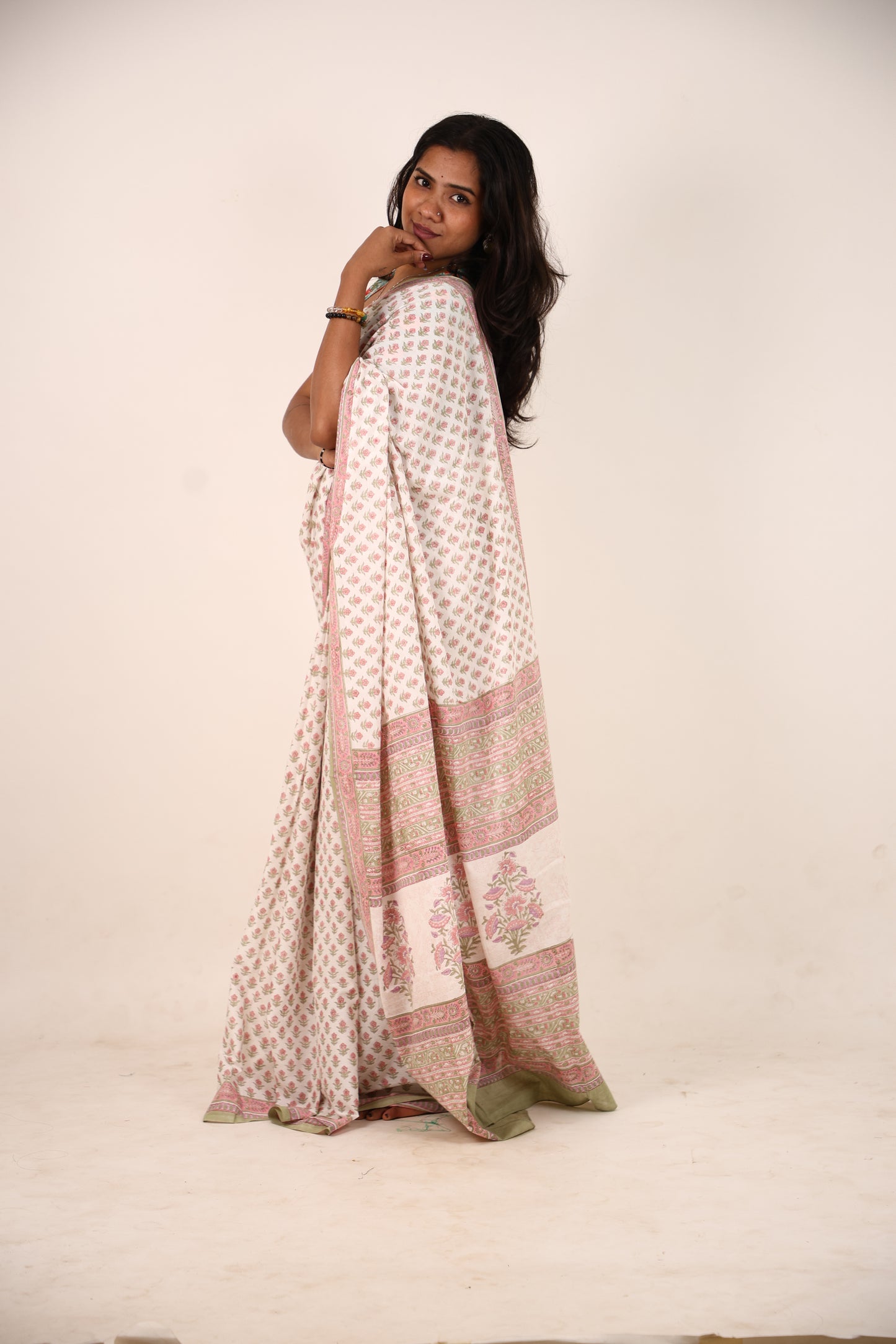 White And Green Block Printed Cotton Saree