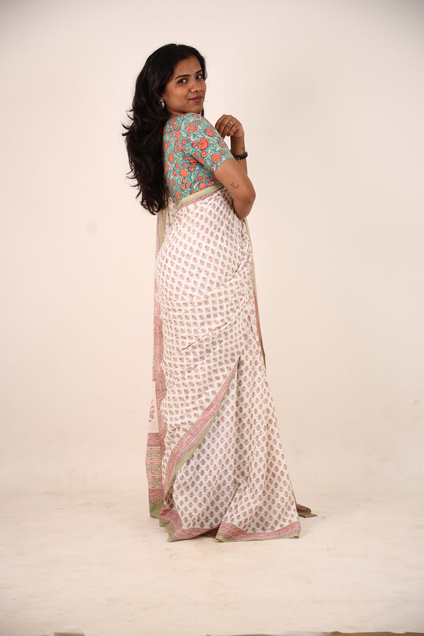 White And Green Block Printed Cotton Saree