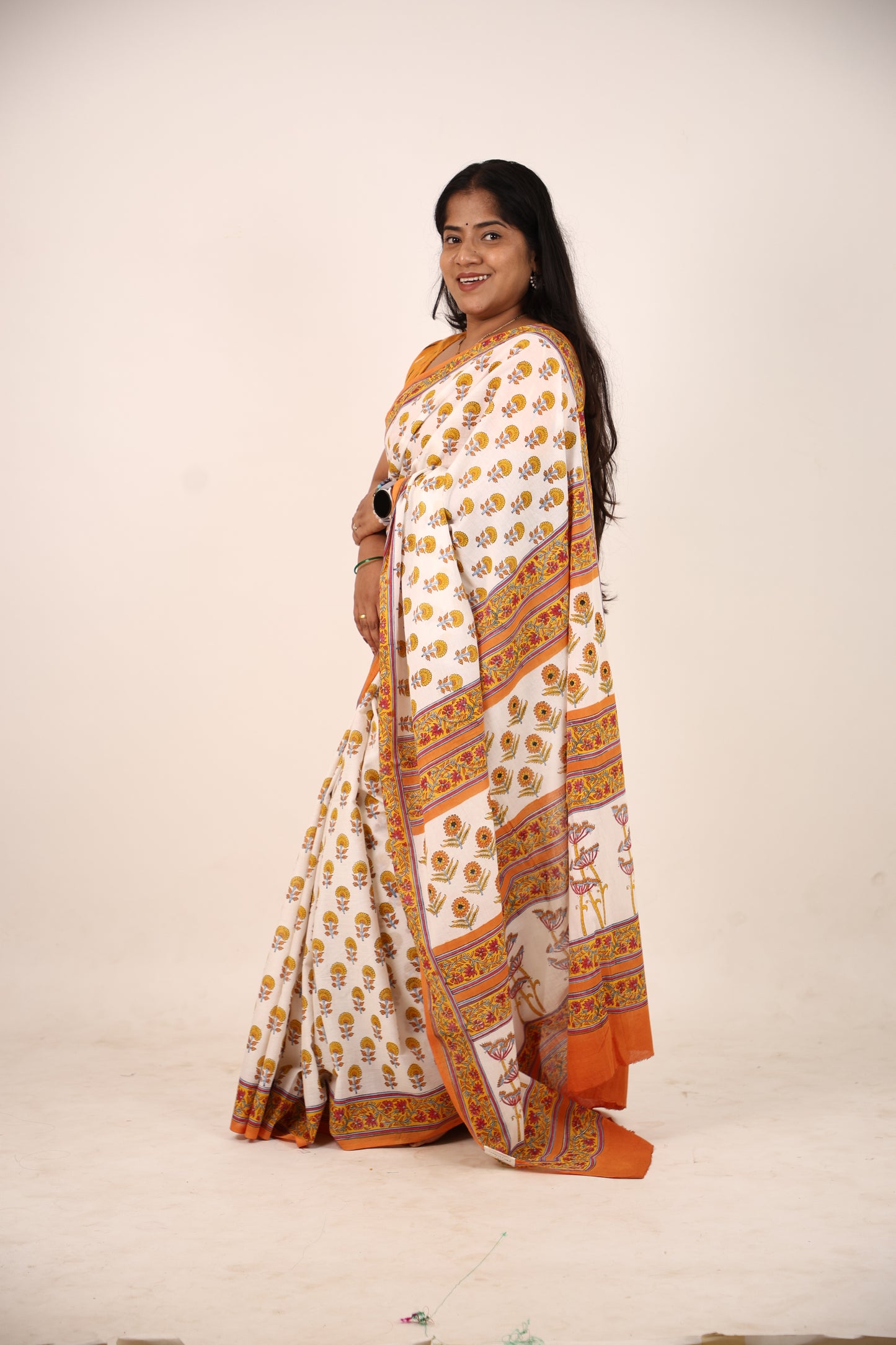 White Orange Block Printed Cotton Saree