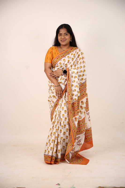 White Orange Block Printed Cotton Saree