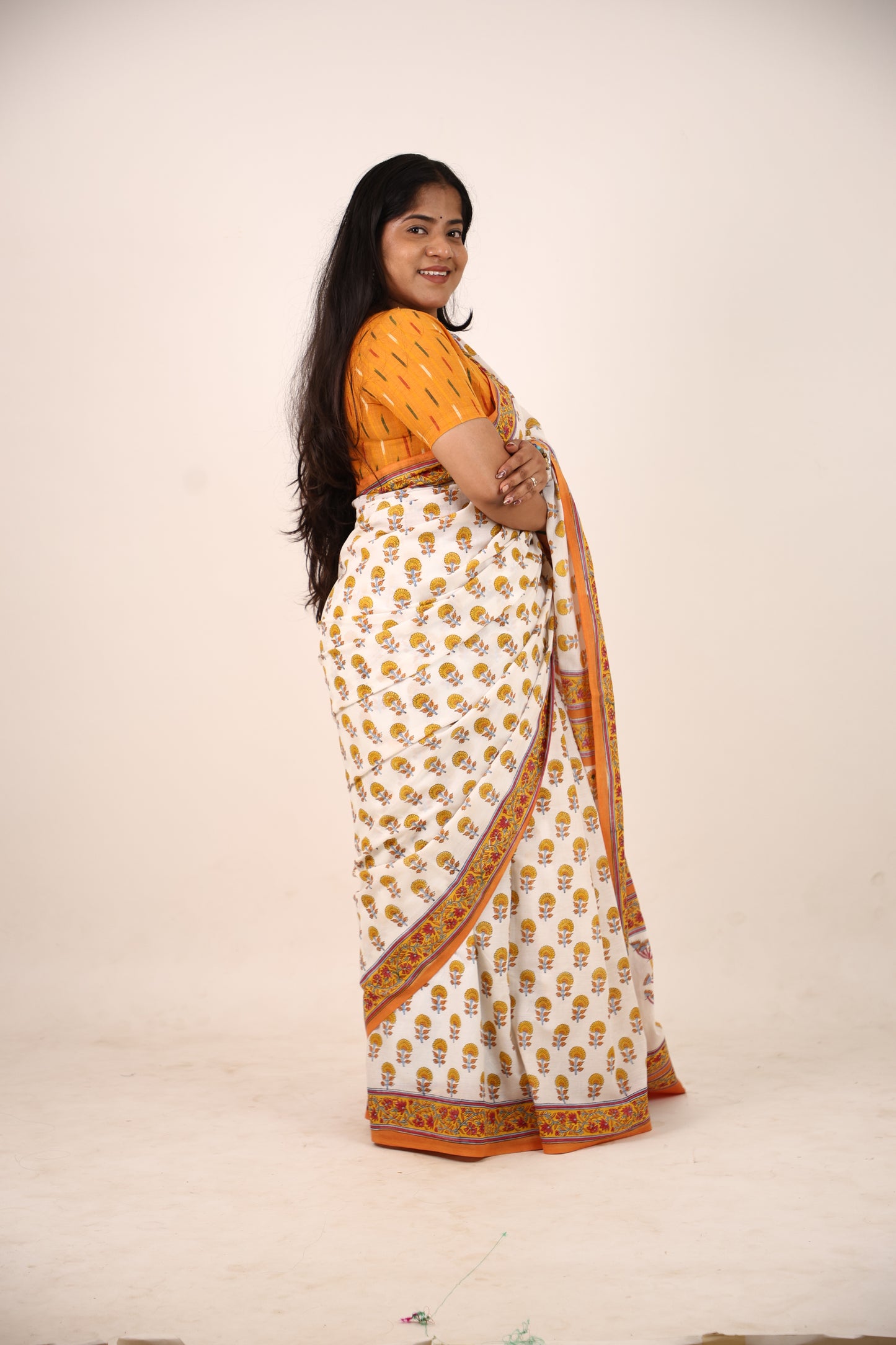 White Orange Block Printed Cotton Saree