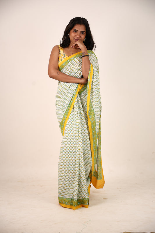 White Block Printed Saree