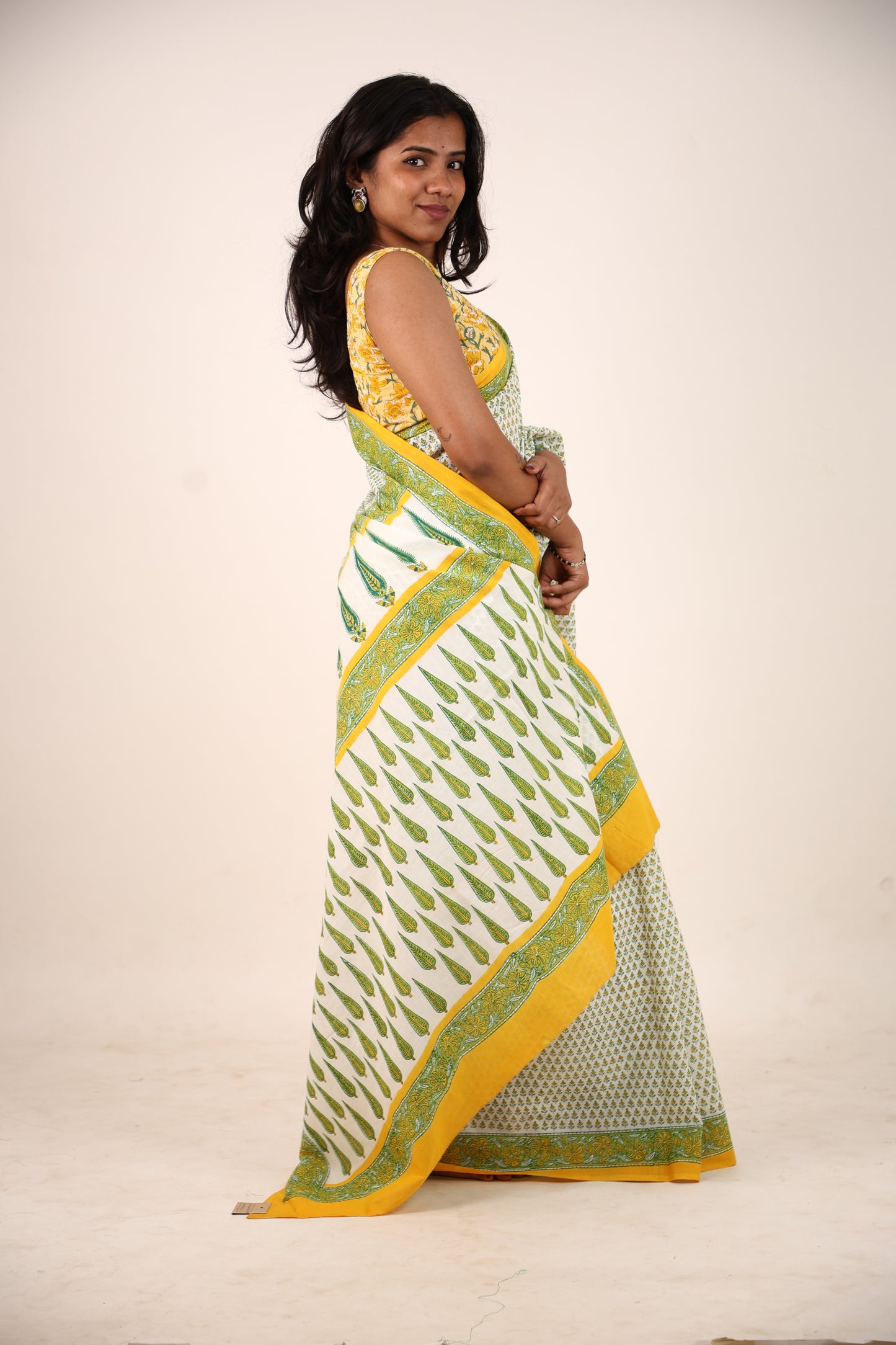 White Block Printed Saree