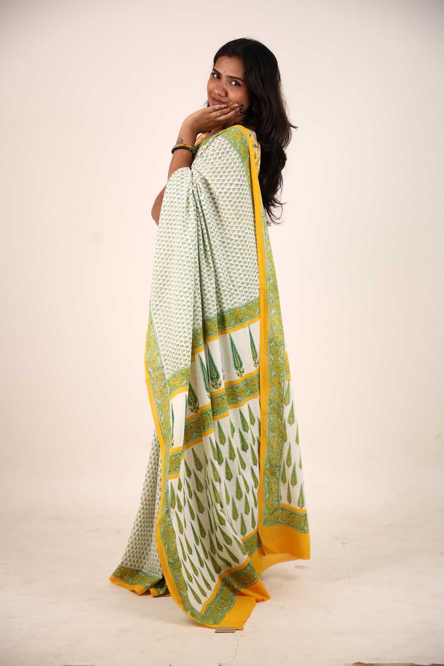 White Block Printed Saree