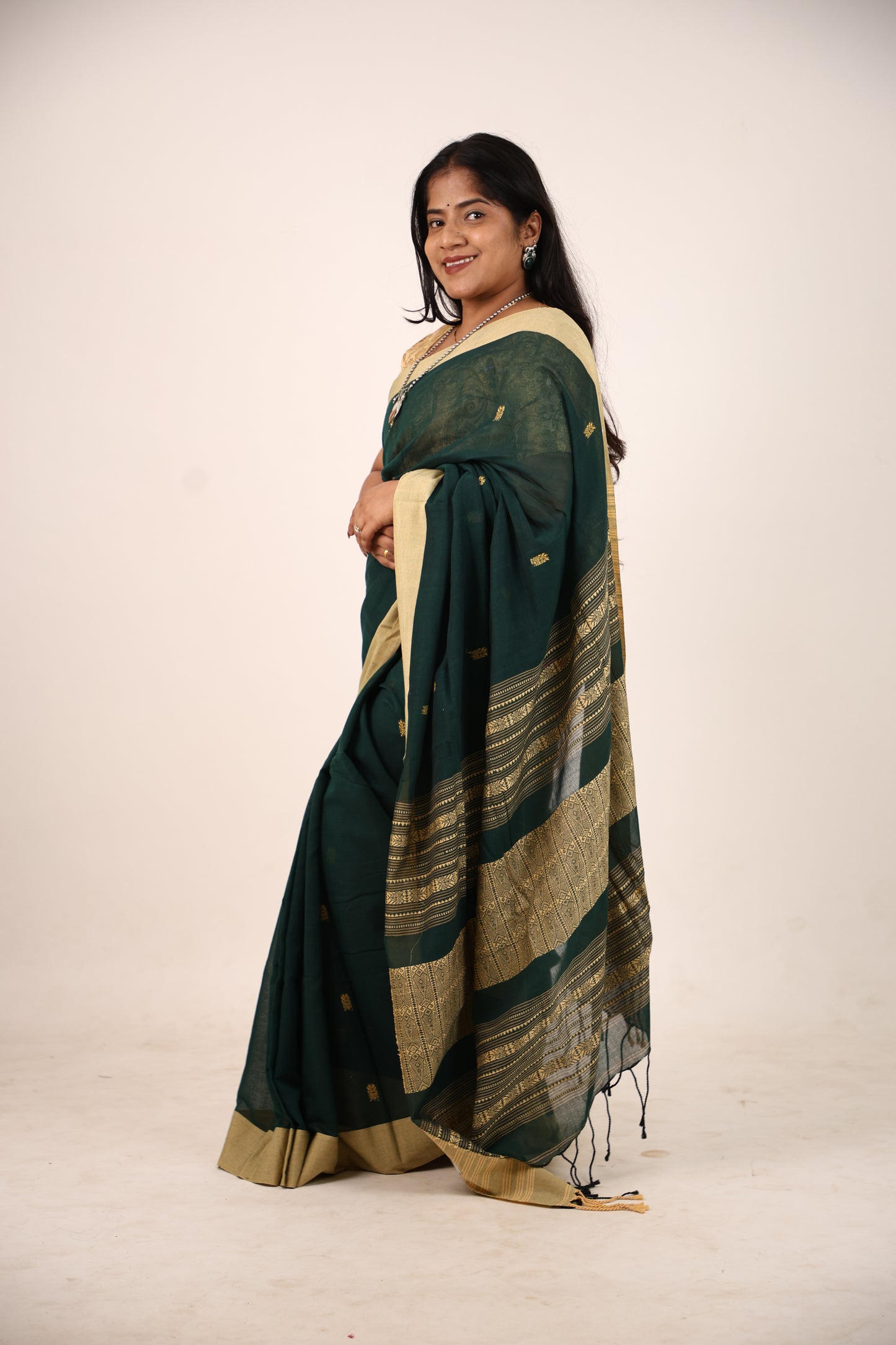 Dark Green Khadi Cotton Saree