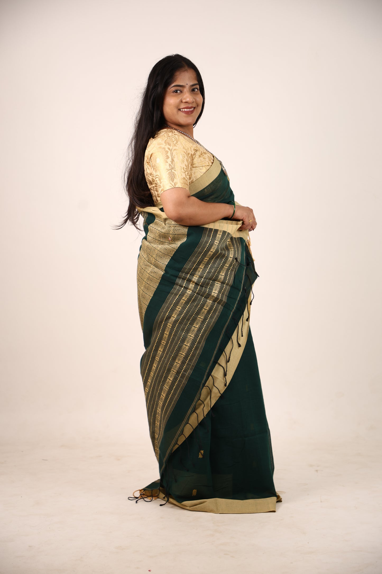 Dark Green Khadi Cotton Saree