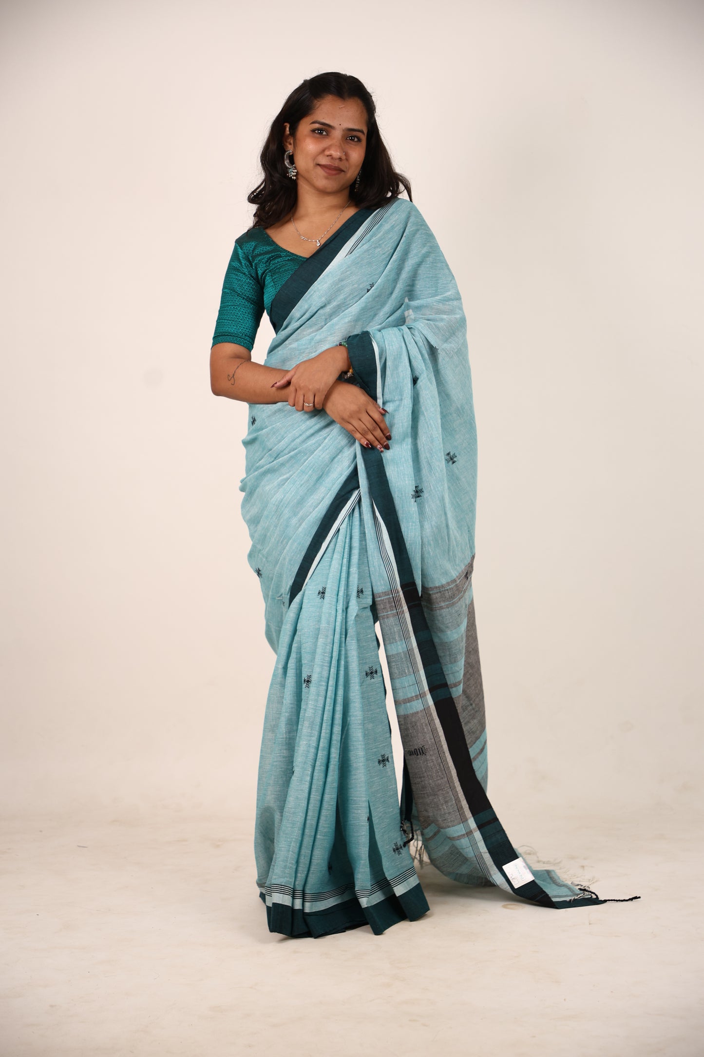 Cyan Khadi Cotton Saree