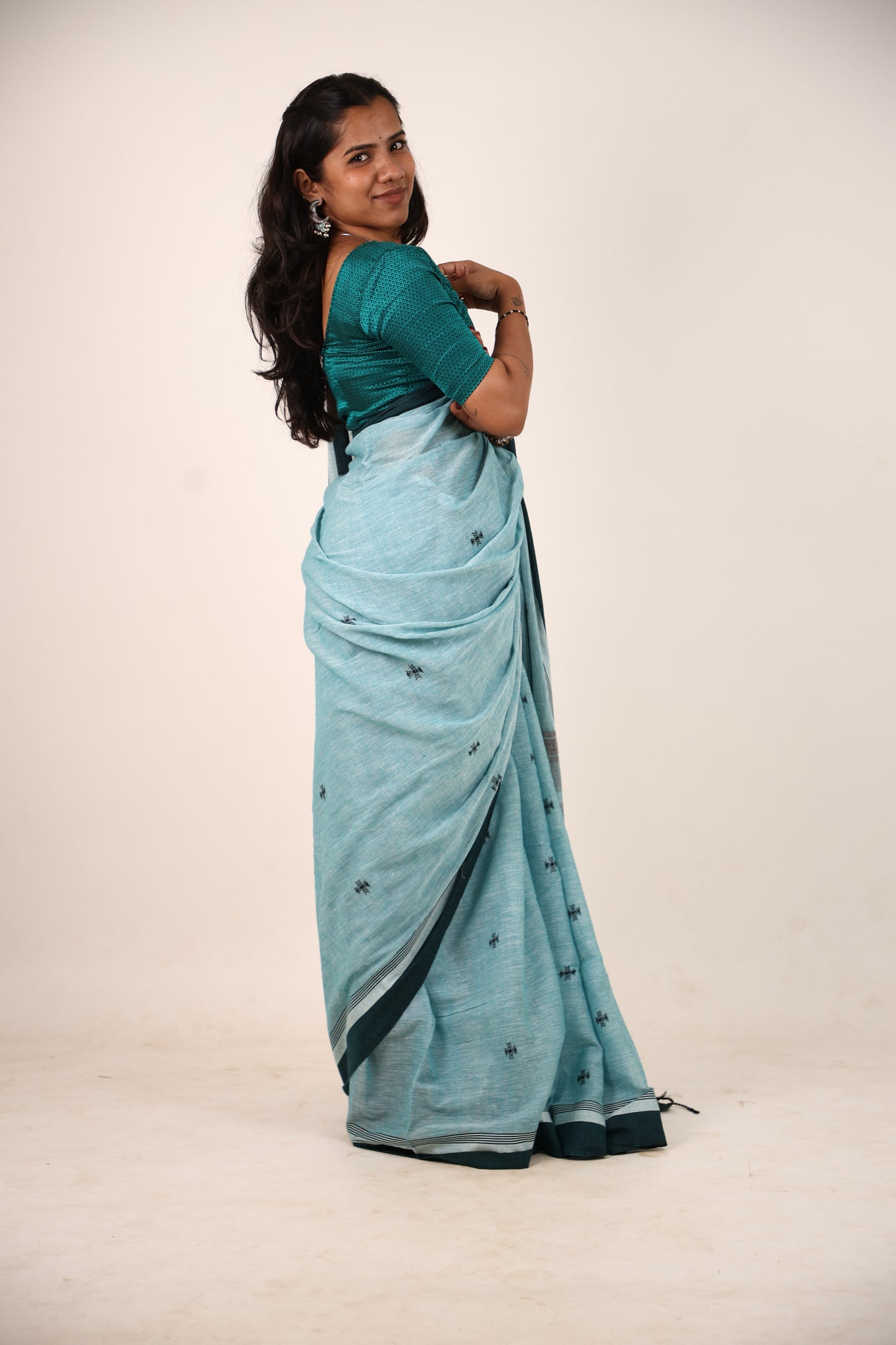 Cyan Khadi Cotton Saree