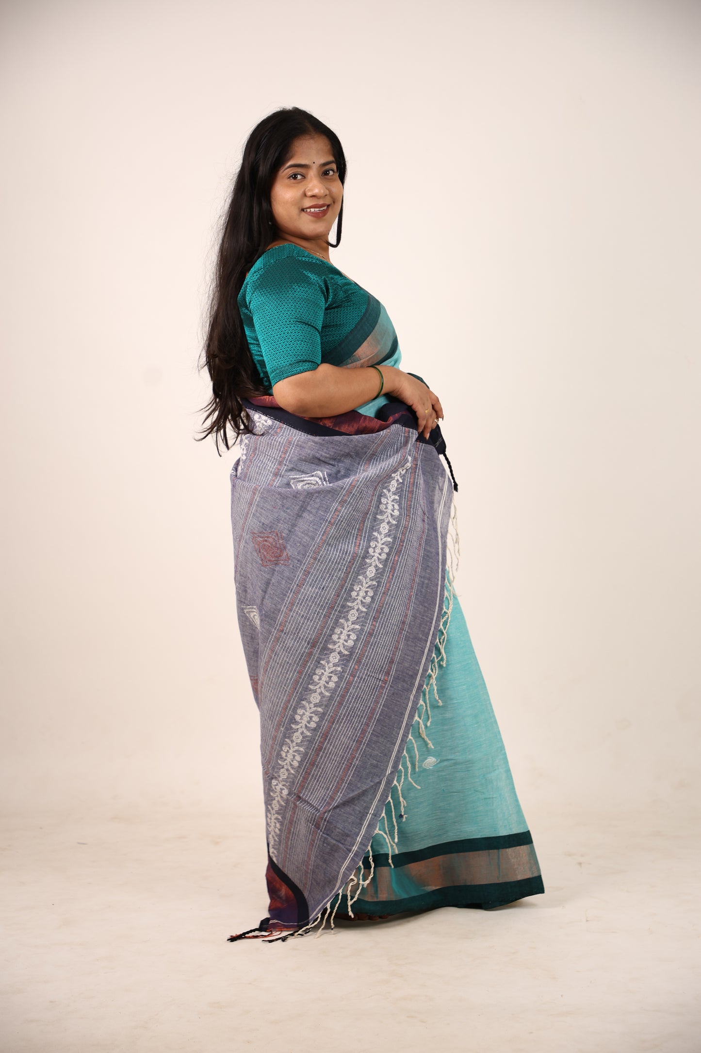 Cyan Blue  Khadi Cotton Saree