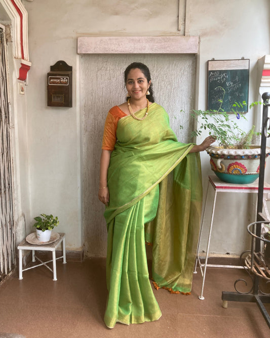 Lime Green Tissue Linen Saree