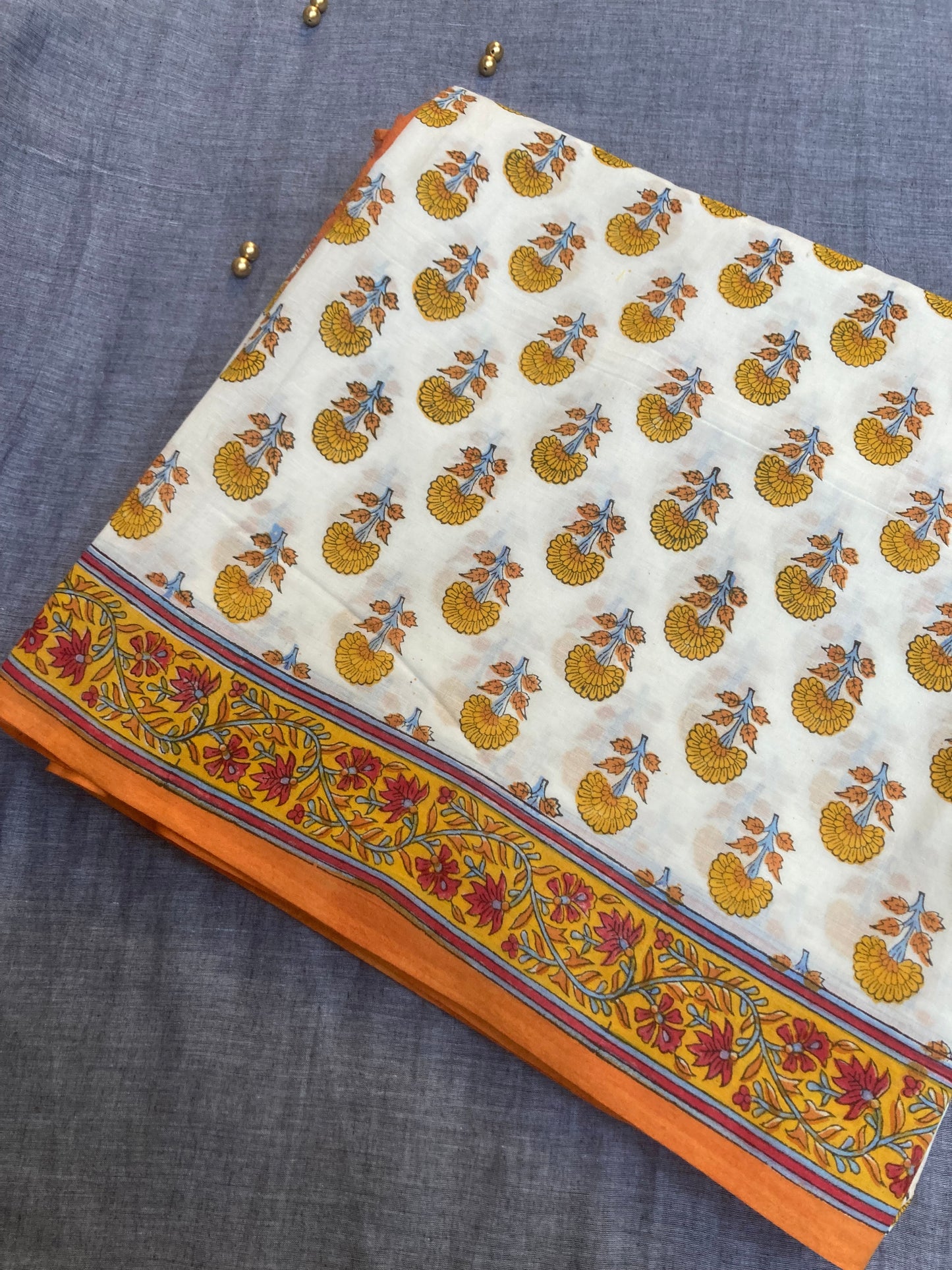 White Orange Block Printed Cotton Saree