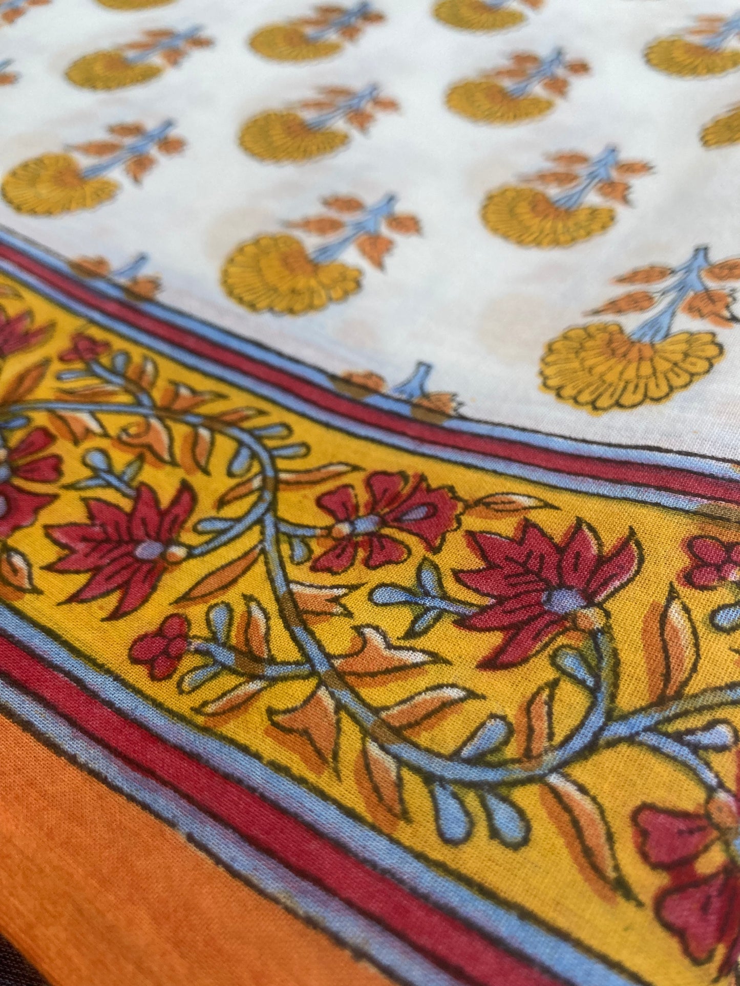 White Orange Block Printed Cotton Saree