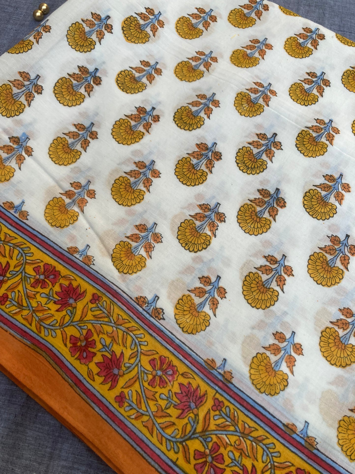 White Orange Block Printed Cotton Saree