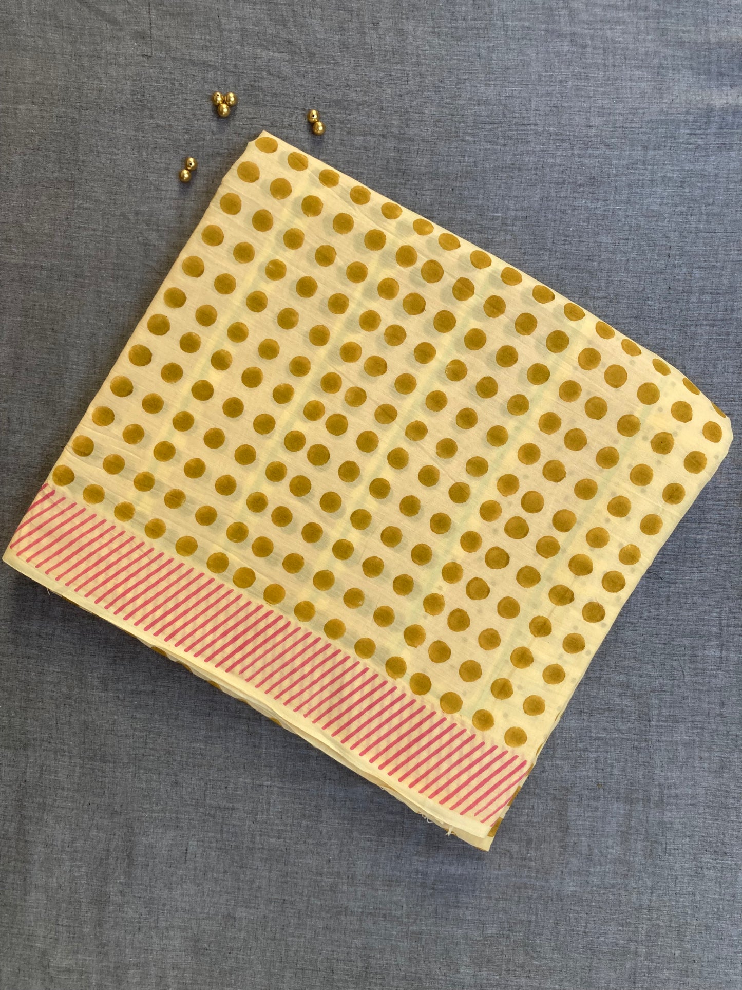 Light Cream Block Printed Cotton Saree