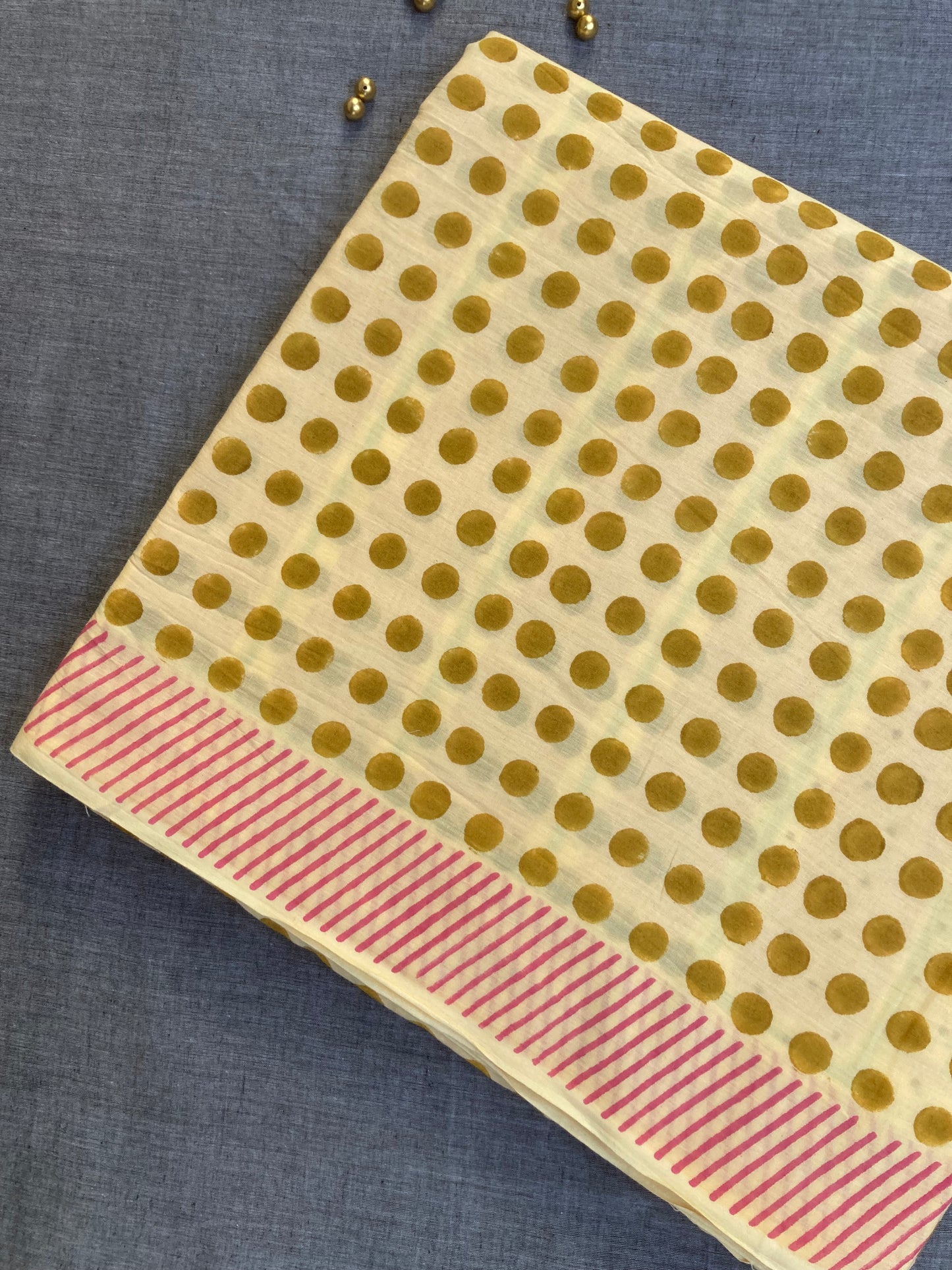 Light Cream Block Printed Cotton Saree