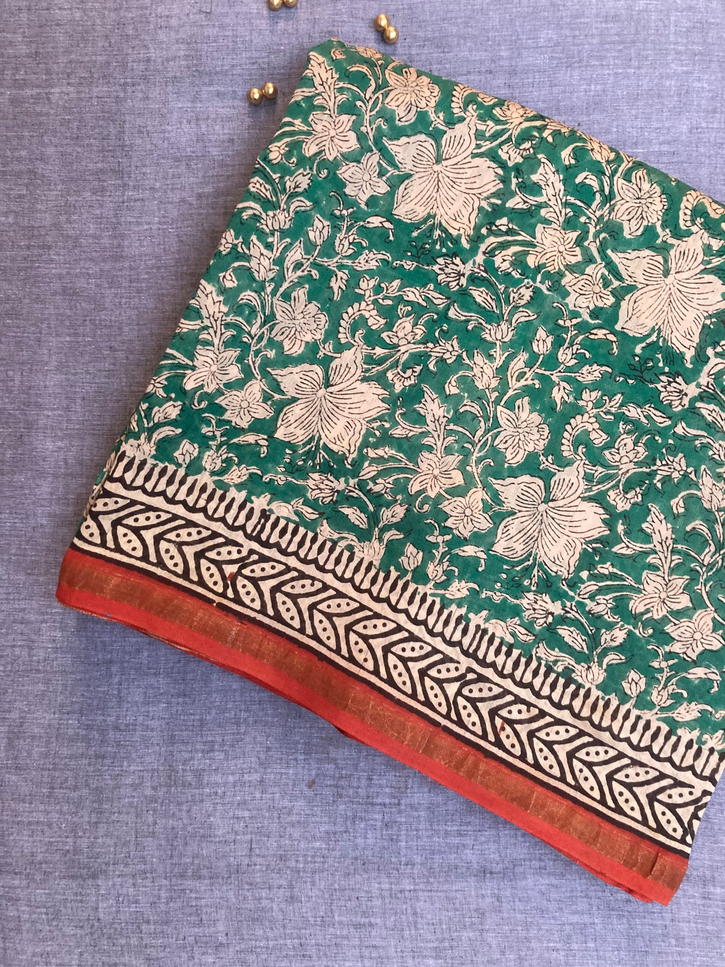 Dark Green Block-Printed Chanderi Saree